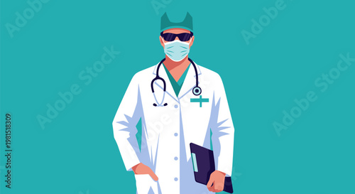 Professional male doctor in medical uniform with mask and stethoscope.