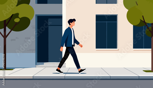 Man strides confidently down city sidewalk. Green trees frame urban walkway. Building windows reflect calm day. Man wears navy coat and dark shoes. Scene suggests daily commute or stroll