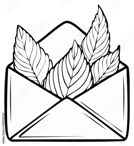 Envelope overflowing with leaves offering a message of nature connection and environmental communication
