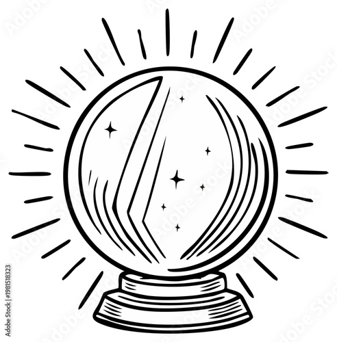 Line art illustration of a magic crystal ball with stars and light beams fortune telling concept future prediction