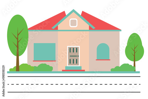 A house with a red roof and two trees