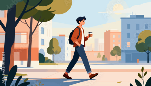 Young man walks calmly with coffee cup in hand. Urban setting with trees, buildings, and soft sunlight. He carries a backpack, dressed in casual attire. Scene suggests morning commute or urban stroll