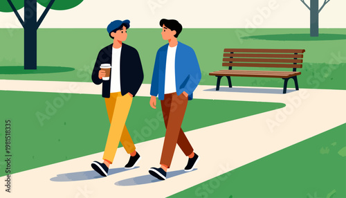 Two friends stroll together on a park path. One holds a coffee cup, smiling softly. They wear casual clothes, walking side by side. Wooden bench sits nearby, empty and quiet