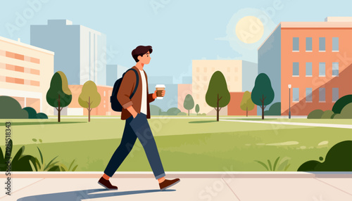 Young man walks calmly on a sunlit sidewalk. He carries a backpack and holds a coffee cup. Trees line the green park behind him. Modern buildings rise in the background, bathed in warm light