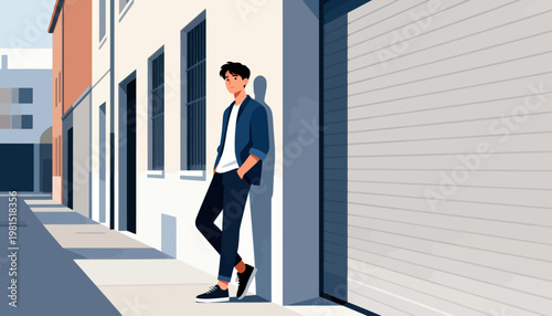 Young man leans casually against a modern building. He wears a dark jacket and trousers, looking relaxed. Sunlight casts soft shadows across the urban street