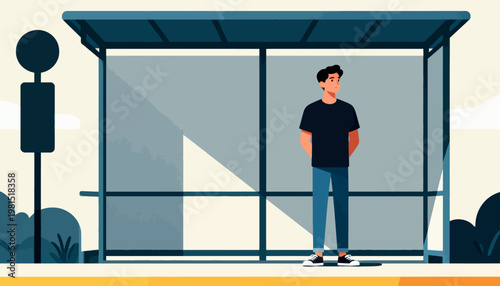 Man stands calmly at a modern bus stop. His posture suggests quiet patience. Soft light filters through the shelter's glass. Urban design meets everyday transit