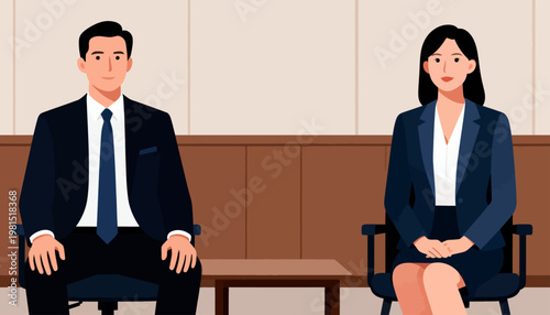 Two professionals sit formally in a courtroom setting. Their calm expressions suggest they are prepared for legal proceedings. The man wears a dark suit with a blue tie