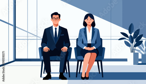 Two professionals sit calmly in a modern office. They face forward, poised for a meeting or interview. Bright windows cast soft light across the space. Potted plant adds subtle greenery to the scene