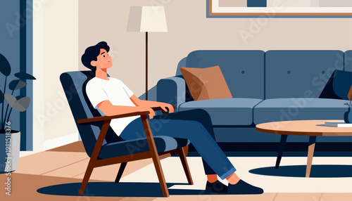 Man relaxes in a modern living room. He rests in a wooden armchair, eyes closed. Soft lighting fills the calm, minimalist space. Blue sofa and round coffee table complete the scene