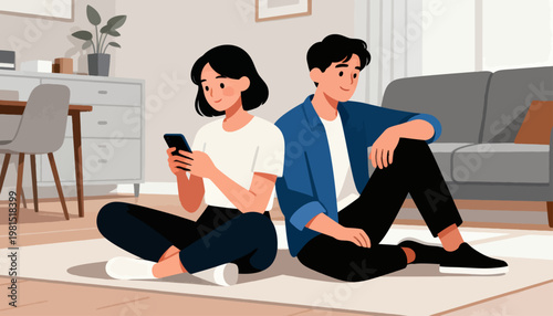 Two people sit together on the floor, relaxed and connected. They smile softly, sharing a quiet, intimate moment. One holds a phone, the other leans near, comfortable and attentive
