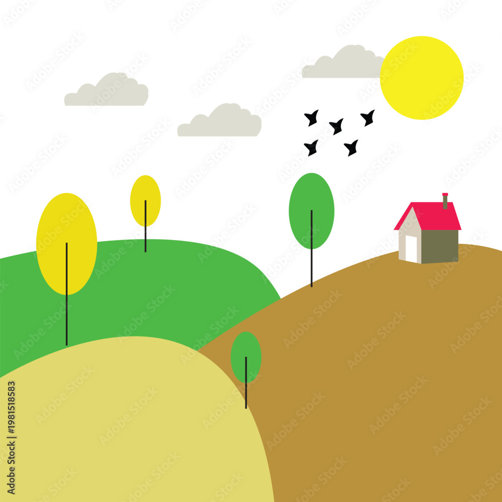 Fototapeta premium A house on a hill with trees and birds flying by