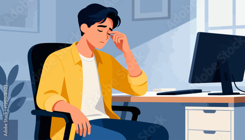 Young man rests at desk, eyes closed. He holds his forehead, looks tired. Computer monitor sits beside him. Soft light streams through window. Scene suggests long work hours