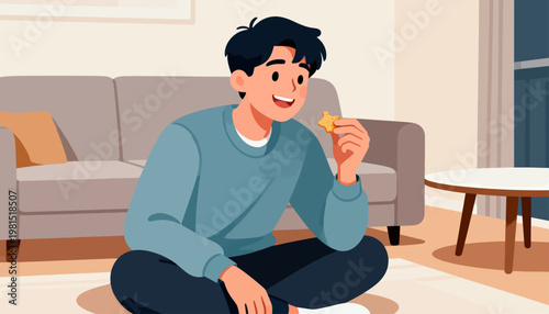 Man sits cross-legged on floor, smiling warmly. He holds a snack, enjoying quiet moment. Couch and table frame cozy, homey setting. Soft lighting enhances calm, contented vibe