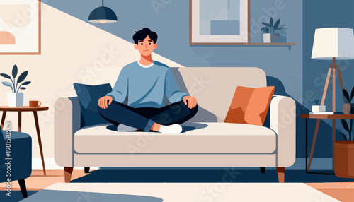 Young man sits calmly on a sofa, meditating. Soft lighting illuminates the cozy living room. Minimalist decor enhances the tranquil atmosphere. His expression shows serenity and inner peace