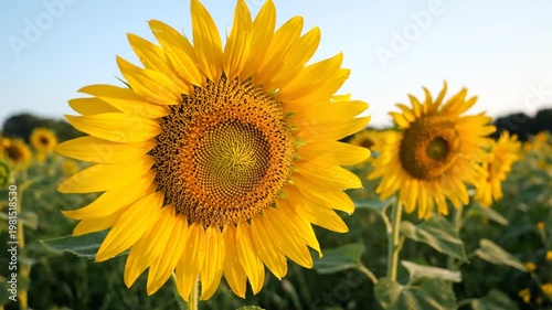 Sunflowers in a Field Under Blue Sky.