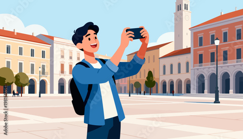 Young man smiles while capturing city scene. He stands in open plaza surrounded by warm-toned buildings. Clock tower rises behind him against soft blue sky. His backpack hints at travel or exploration