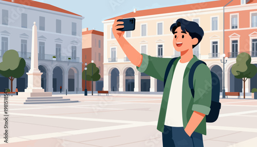 Young man smiles while taking selfie in town square. Backpack worn, phone held high, fingers steady. Building facades frame sunlit plaza behind him. Trees and statue add charm to urban background