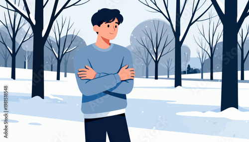 Man stands in snowy forest, arms crossed. Winter trees frame his calm, confident stance. Soft snow blankets ground and branches. His smile suggests warmth despite cold surroundings