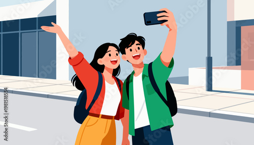 Young couple captures joyful selfie on urban sidewalk. They smile brightly, arms raised in excitement. Modern buildings frame their vibrant, carefree moment. Perfect for travel, social media