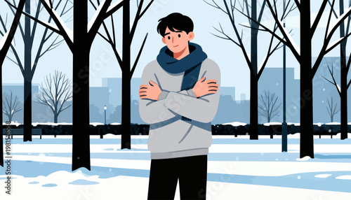 Young man stands in a snowy park. He wraps his arms around himself, bundled in a scarf and sweater. Trees line the background, their branches bare. Snow blankets the ground, soft and quiet