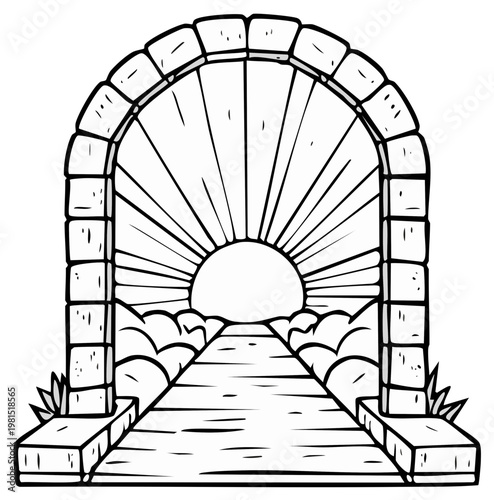Stone Archway with Sunburst Illustration Passage to Hope Dream Gate Drawing