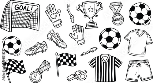 Black and white sketch of soccer equipment and accessories for sports illustration
