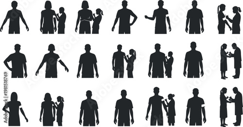 Diverse silhouettes depicting various human interactions and body language postures