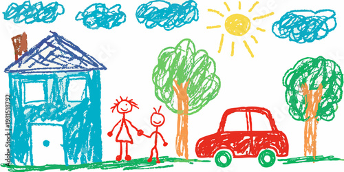 Child s drawing depicts a house trees people a car and a sunny sky