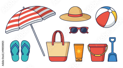 Beach Accessories Collection Umbrella, Hat, Sunglasses, Bag, Sunscreen, Bucket, Shovel, Ball