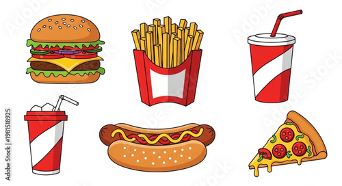 Fast food meal assortment with drinks and pizza slice.