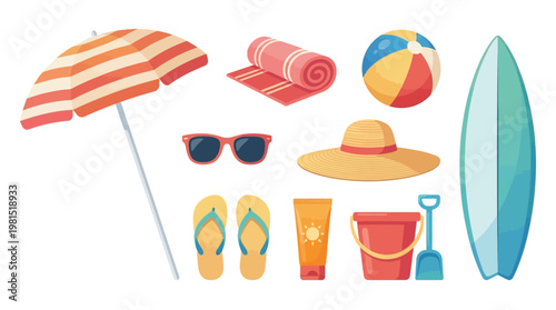 Beach Vacation Essentials Umbrella, Towel, Ball, Surfboard, Sunglasses, Hat, Sunscreen, Bucket,