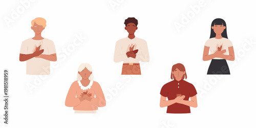Diverse group of people with hands over hearts in a supportive pose