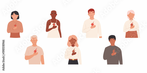 Diverse group of people holding red hearts symbolizing love and connection