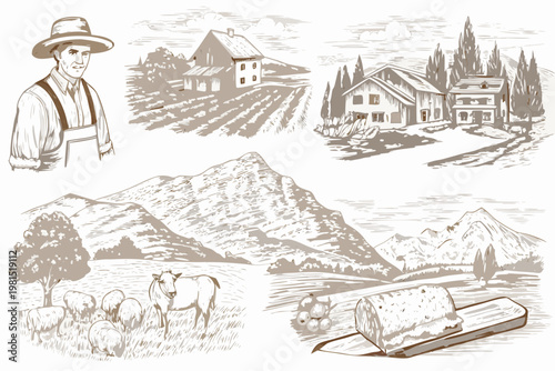 Vintage sketch of a rural landscape with farmer buildings and livestock