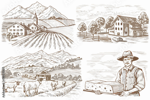 Tableau sur toile Vintage sketch depicting rural landscapes farm buildings and a cheesemaker