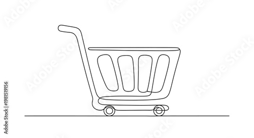 Minimalist Single Line Drawing of a Shopping Cart on White Background