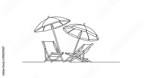 Minimalist Beach Scene: Two Deck Chairs and Umbrellas Under Clear Sky