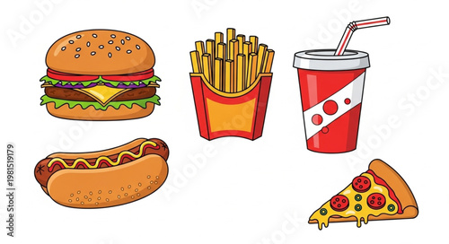 Fast Food Meal Collection Burger Fries Hot Dog Soda Pizza.