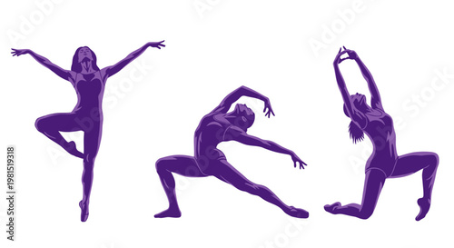 Ballet dancer poses, graceful movement, artistic expression, silhouette, purple tones
