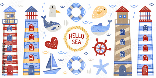 Colorful nautical illustration featuring lighthouses whales and sea life