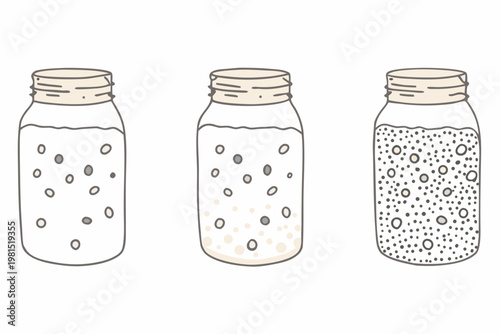 Three mason jars displaying varying levels of chia seed suspension