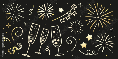 Golden new year s eve celebration with fireworks champagne and party accessories