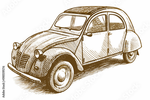 Фотография A detailed sketch of a vintage citroen 2cv car from a low angle