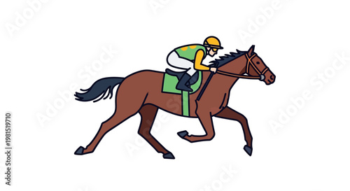 Horse Racing Jockey Riding Brown Horse Galloping Fast on Track