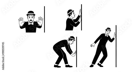 Mime artist pushing invisible wall, multiple poses, comedy, surprise, effort