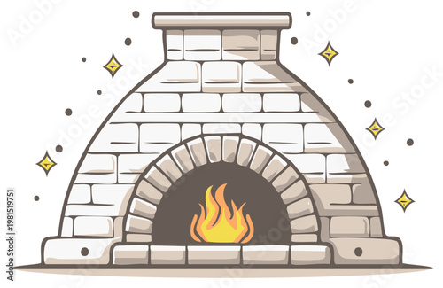 Traditional Stone Hearth Oven with Glowing Flames and Sparkling Stars