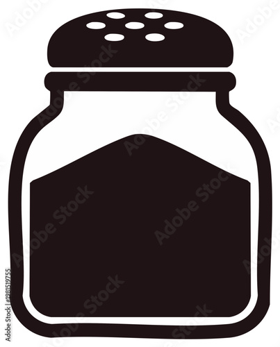 Monochrome condiment shaker illustration for food and drink service or cooking guide. Spice dispenser with lid holes used in restaurant and cafeteria.