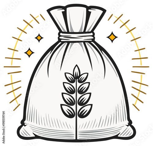 Illustration of a bag of flour with wheat or rye symbol.