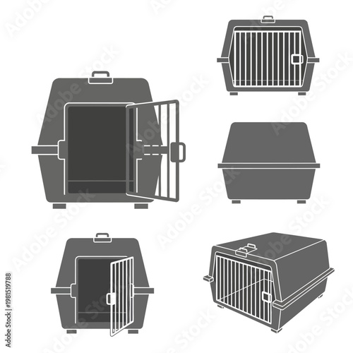 Pet Carrier Crate Icon Set: Open, Closed, Front, Side, Top Views