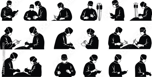 Medical professionals performing various clinical and surgical procedures in an operating room setting